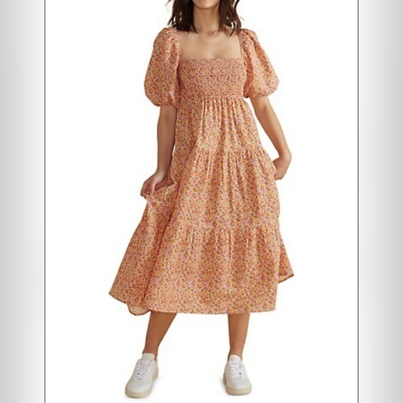 Mink Pink Sz M  Morwell Smocked Bishops Sleeve Floral Midi Flowy Summer Dress - Picture 1 of 12